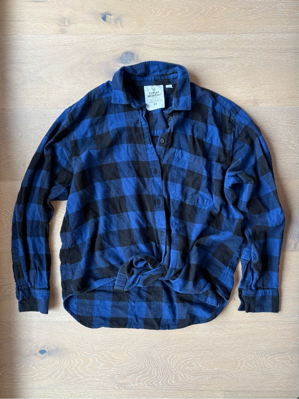 Cheap Monday Blue and Black Checkered Flannel Shirt with Tie Front